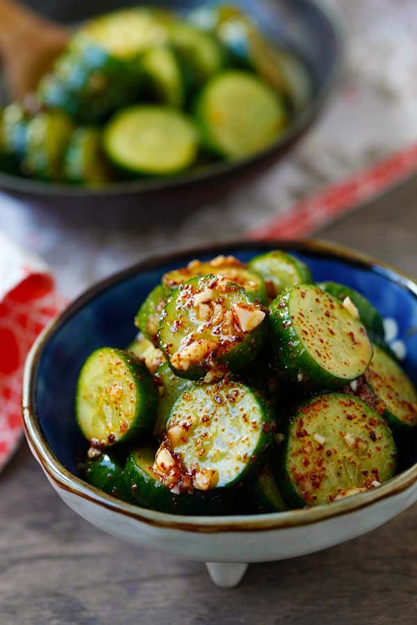 Asian cucumber salad in a bowl.