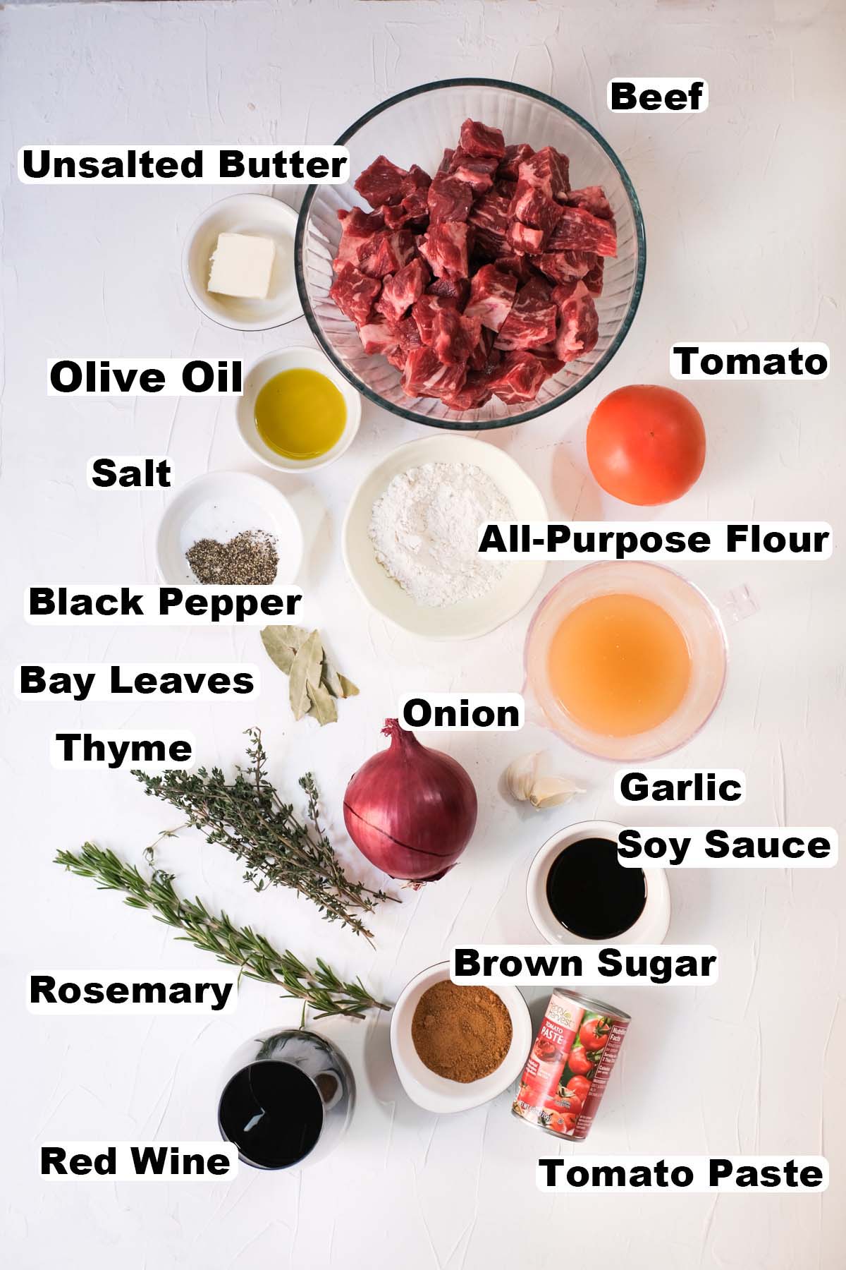 Ingredients for braised beef with red. wine recipe.