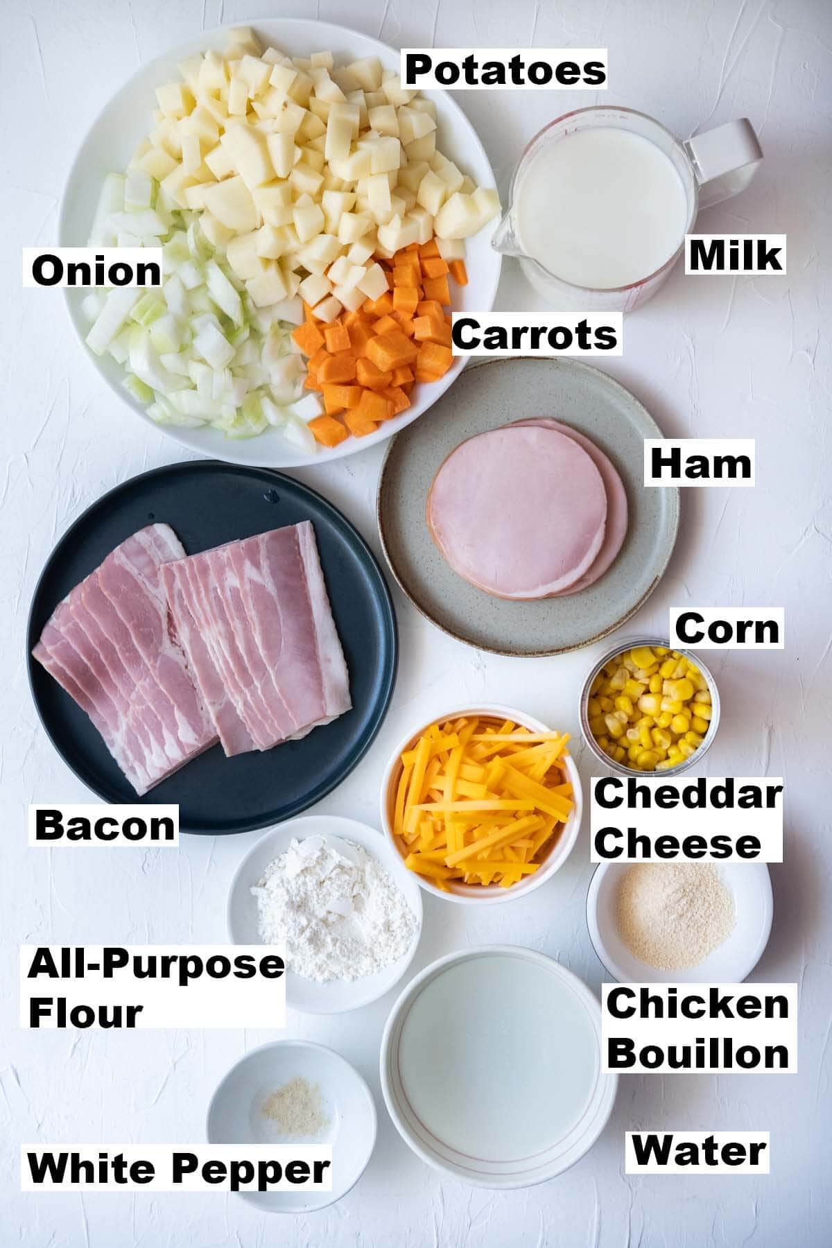Ingredients for cheesy ham chowder recipe. 