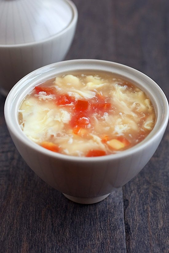 A bowl of Chinese egg drop soup ready to serve.